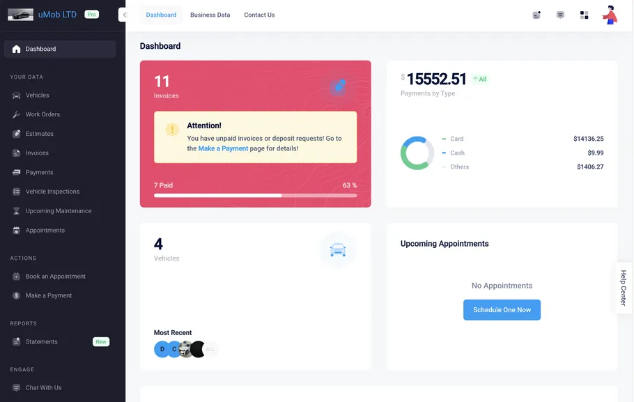 ARI Client Portal Dashboard showing invoices, vehicles, payments, and appointments